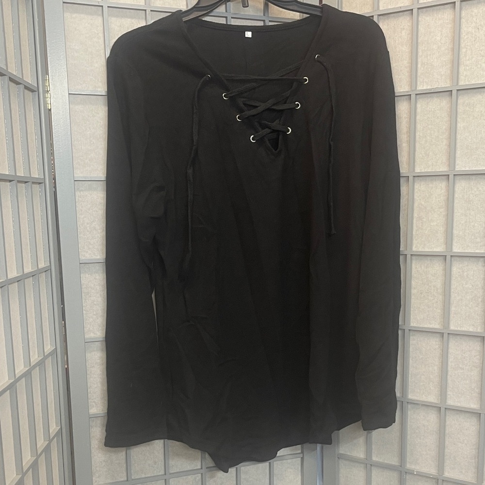 Black Lace-Up Long Sleeve Top